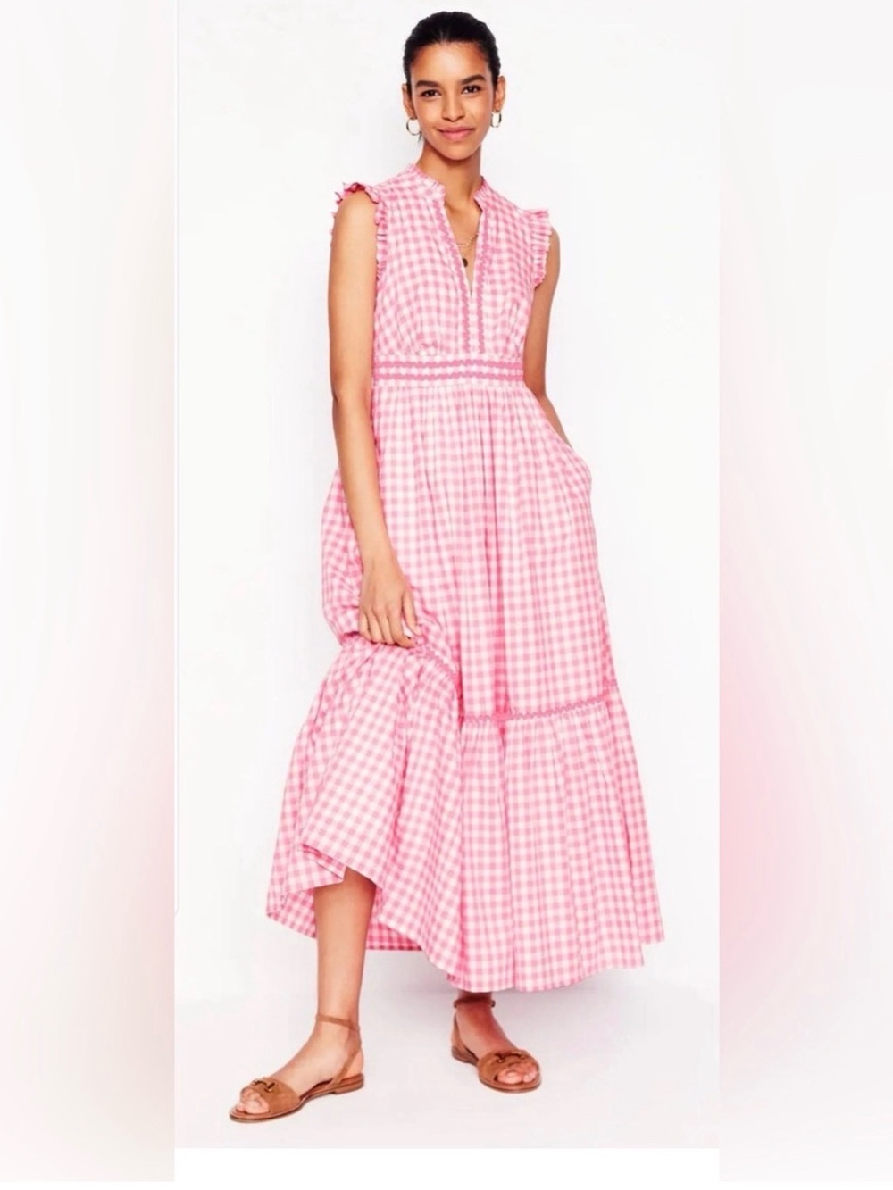 Boden Pink Gingham Wren Tiered Midi Ruffle Sundress